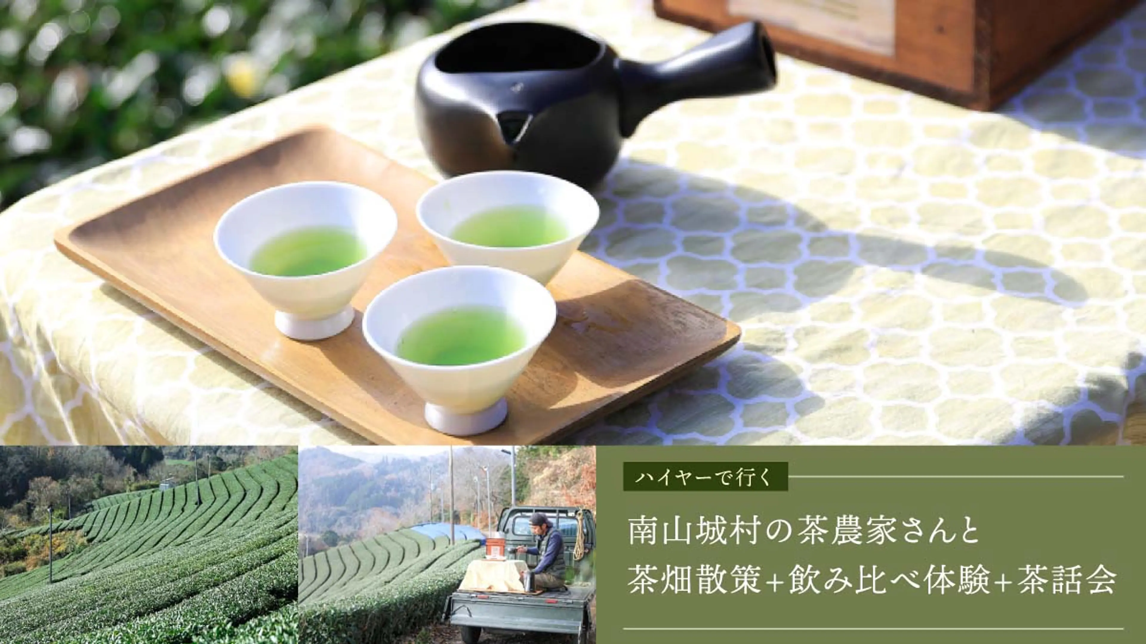 【ハイヤーで行く】南山城村の茶農家さんと茶畑散策+飲み比べ体験+茶話会